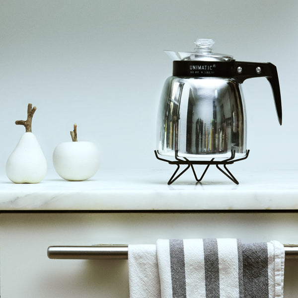 The Unimatic, known from the Netflix documentary "Coffee For All" is a rare, limited edition percolator coffee pot with a twist. They were made in the likeness of the percolator coffee pots popular in the 1950s and 1960s but changed to incorporate ideas from the way the creator's Mother's turn of the century stove in Southern Italy functioned.